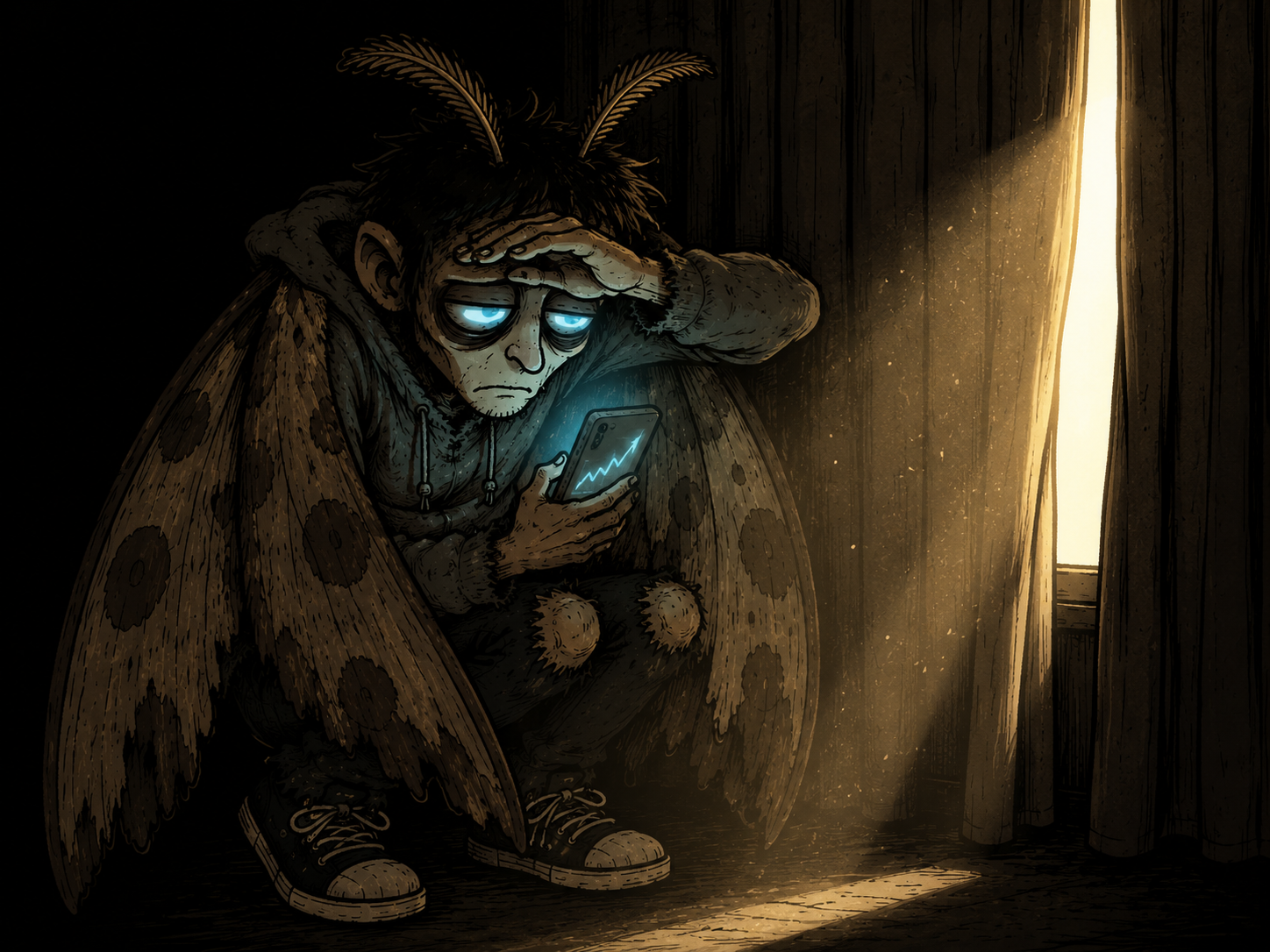 Bagmoth recoiling from a sliver of daylight through a curtain, still checking his phone