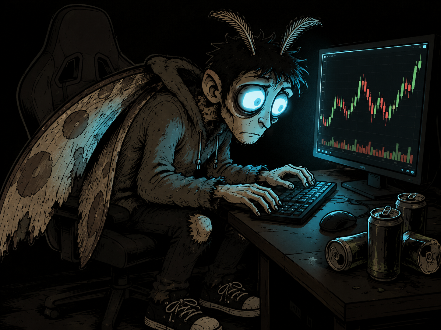 Bagmoth, a moth-man hybrid, staring into a glowing monitor showing a trading chart