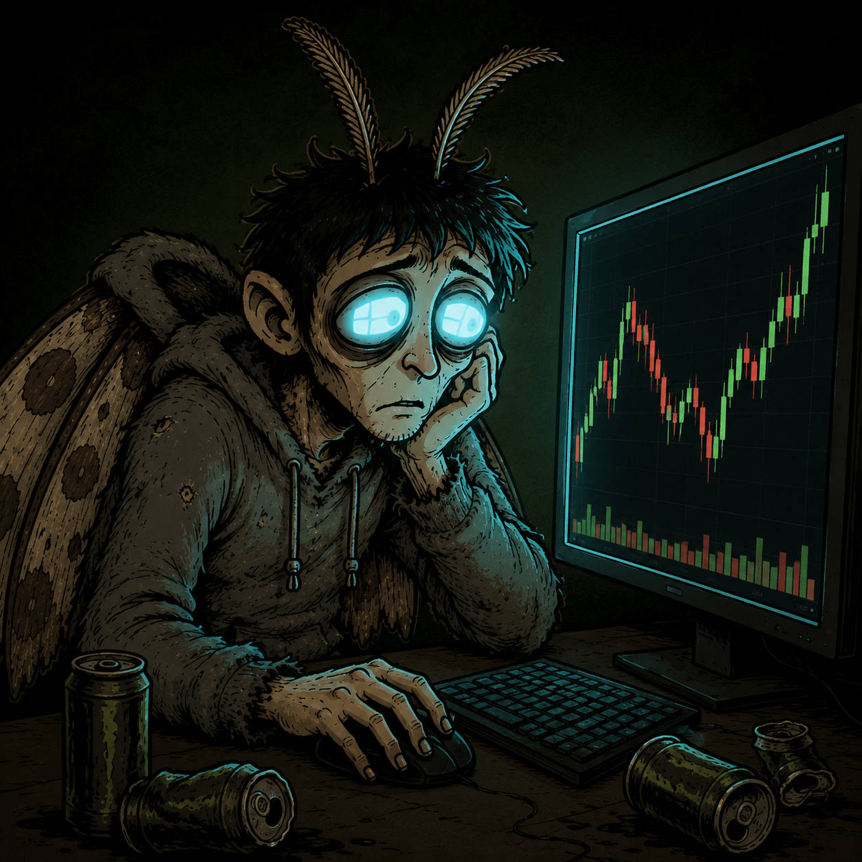 Bagmoth resigned and calm, still watching the chart, accepting what he is