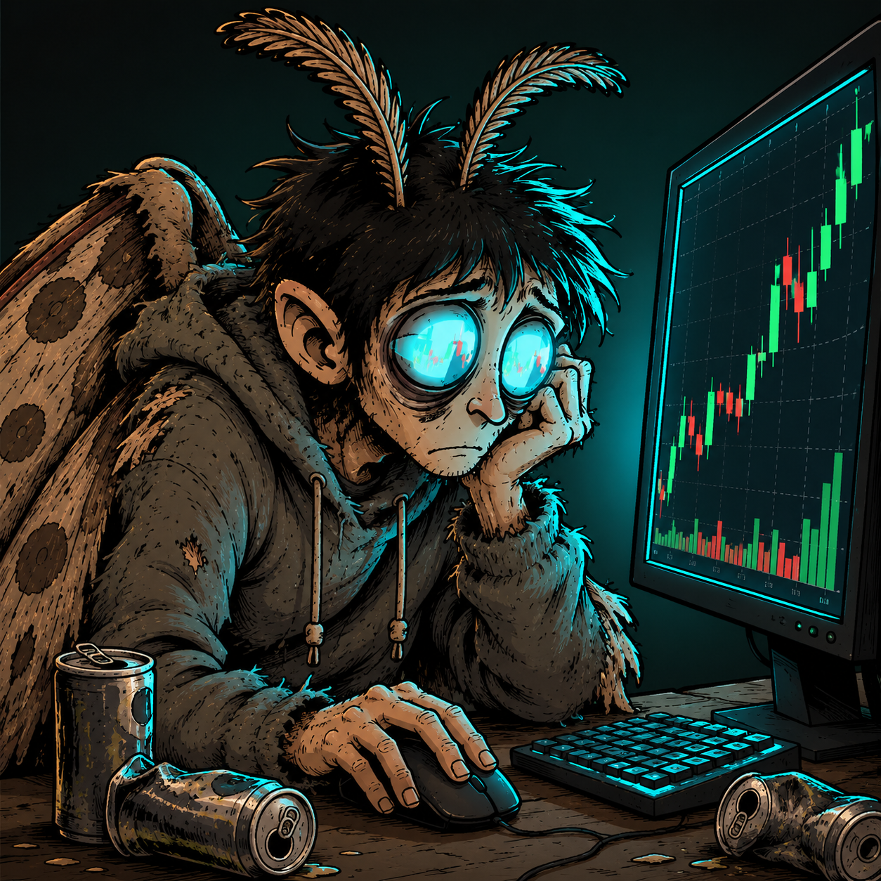 Bagmoth staring blankly at a chart, chin resting on his hand, empty energy drink cans around him